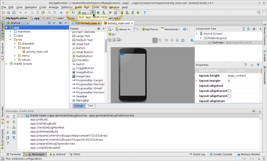 android studio ide for Linux CentOS quick-start hello world - running app