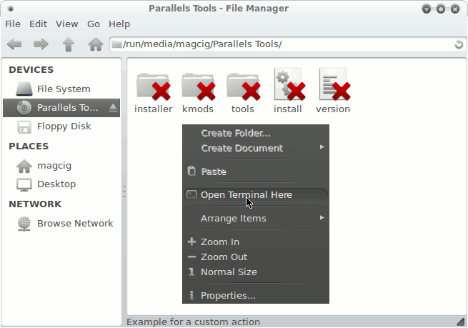 Installing Parallels Tools Xfce - Open CD in Terminal