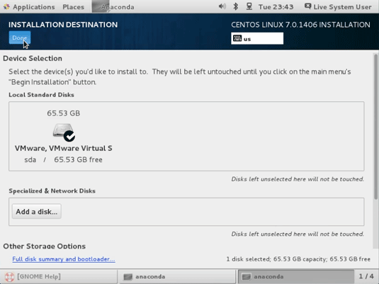 Install CentOS 7 GNOME on VMware Workstation 10 - Select Installation Destination 2