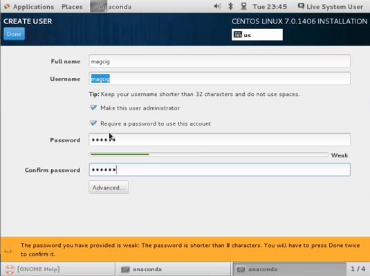 Install CentOS 7 GNOME on VMware Fusion 8 - Create User 2