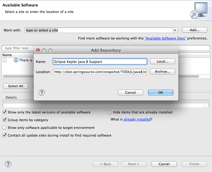 Enabling Eclipse Java 8 Support - Eclipse 2023-12 R IDE Add Java 8 Support Repository