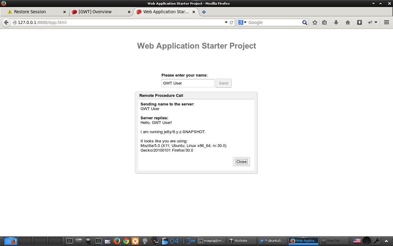 Quick-Start with GWT App Hello World on Ubuntu 14.04 Trusty LTS - Web App on Browser