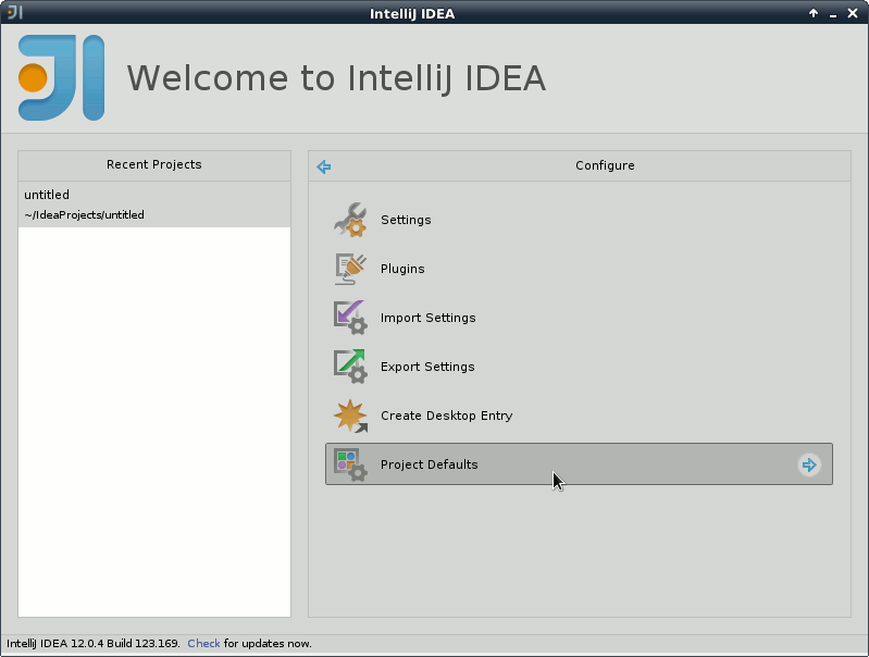 IntelliJ 12.X Welcome - Configure - Project Defaults