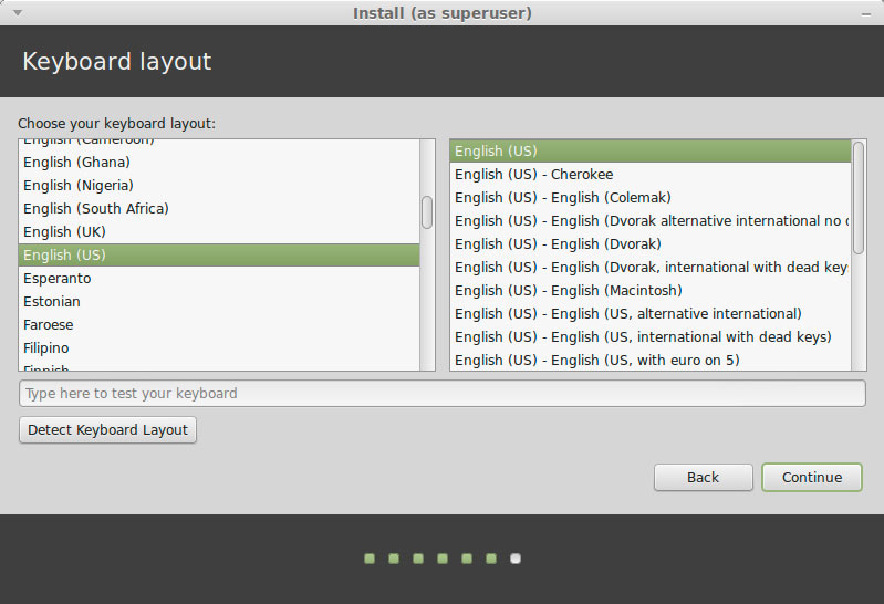 Install Linux Mint 18 Sarah Mate on VMware Fusion 8 - Set Keyboard Layout