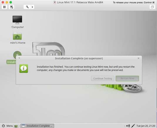 Install Linux Mint 17.1 Rebecca Mate on VMware Fusion 6 - Success and Reboot