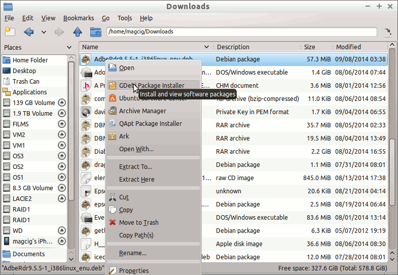 Install Adobe Reader 9+ on Xubuntu 15.10 Wily 32/64-bit - Open with GDebi