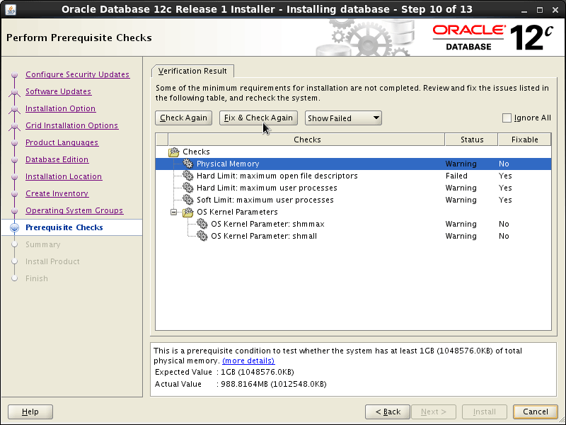 Oracle Database 12c R1 Installation for CentOS 7.x Step 10 of 13