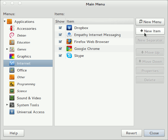 Pear Linux 5 - GNOME 3 Create Application Launcher Main Menu Ad New Item