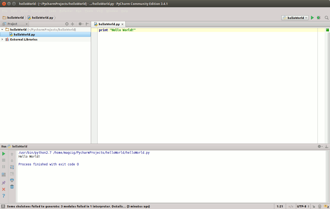 CentOS PyCharm Hello-World Getting Started Guide - PyCharm Run Output