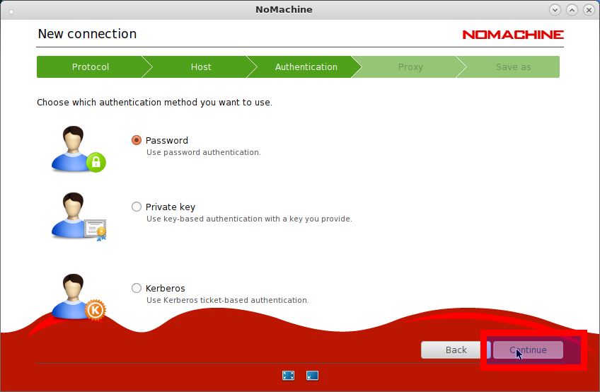 Quick-Start NoMachine Client Remote Desktop Connection on Fedora - Select Authentication Method