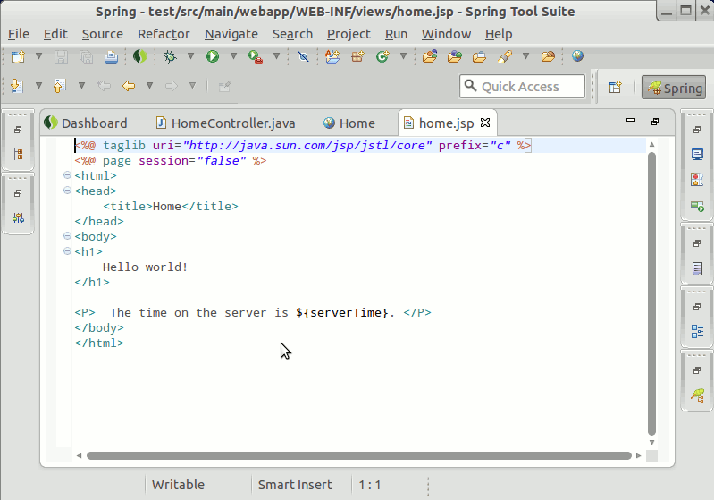 Spring MVC Hello-World on Fedora - Home View on Spring Tool Workspace