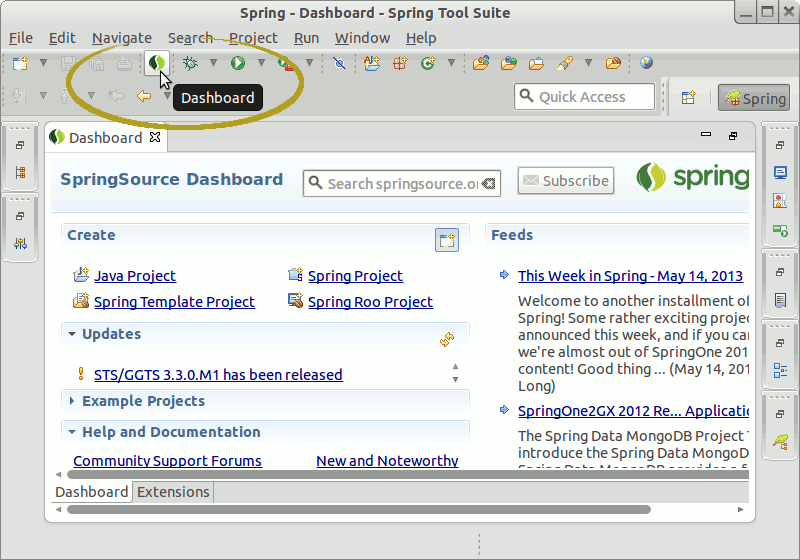 Spring Tool Quick Start Fedora - Open Dashboard in Perspective