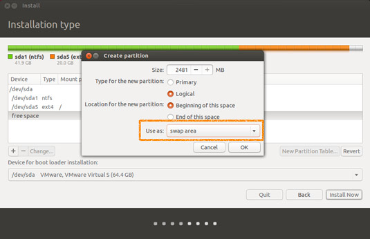 Installing Ubuntu 14.04 Trusty LTS on PC with Windows 7 - Adding Swap Partition