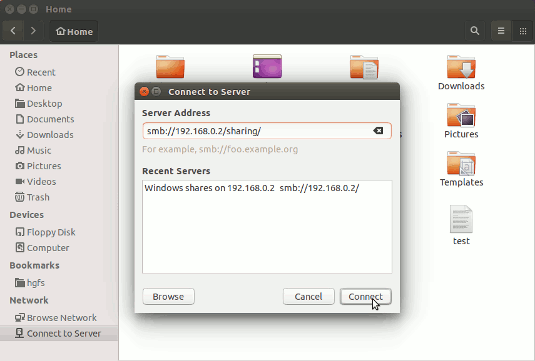 Easy File Sharing on Xubuntu 16.04 Xenial with Samba - Enter Server IP