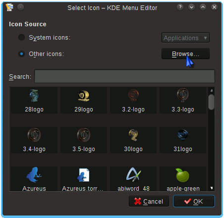 Linux Ultimate Edition KDE4 Menu New Item Select Icon