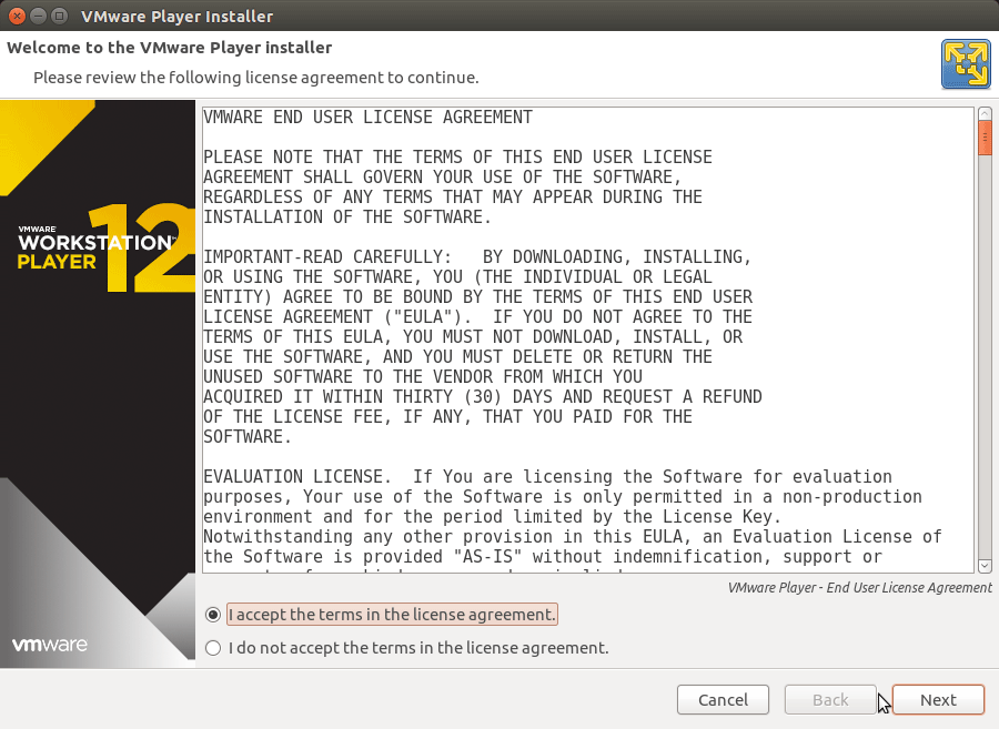 Installing VMware Workstation Player 12 for Fedora - License