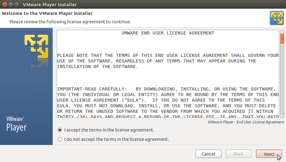 Linux Xubuntu 15.04 Vivid VMware Player 7 Installation - License Agreement 1