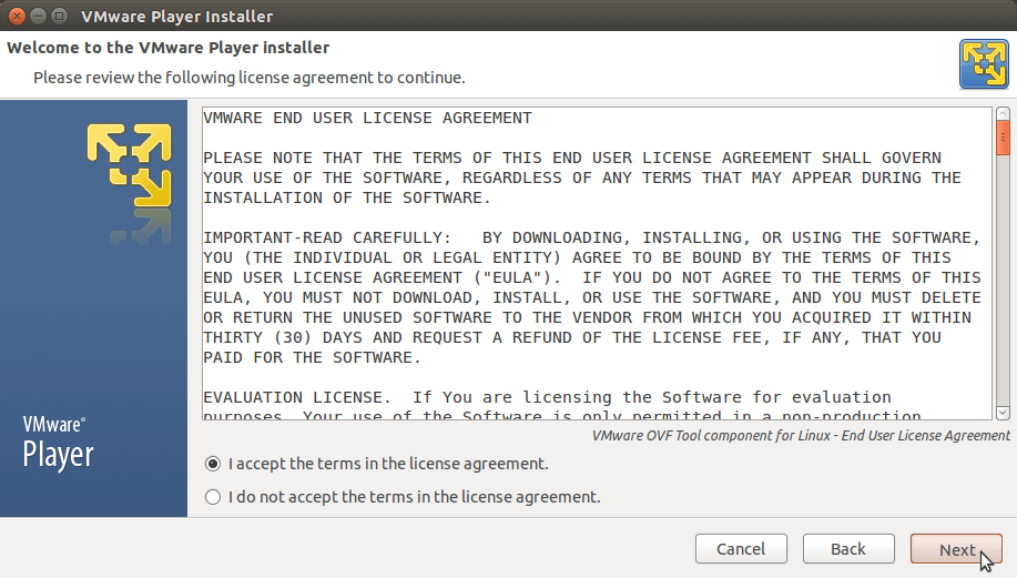 Linux CentOS 7.X VMware Player 7 Installation - License Agreement 2