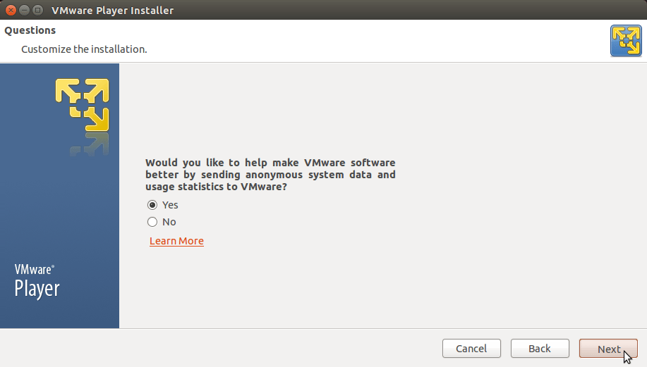 Linux Xubuntu 15.04 Vivid VMware Player 7 Installation - Anonymous Statistics