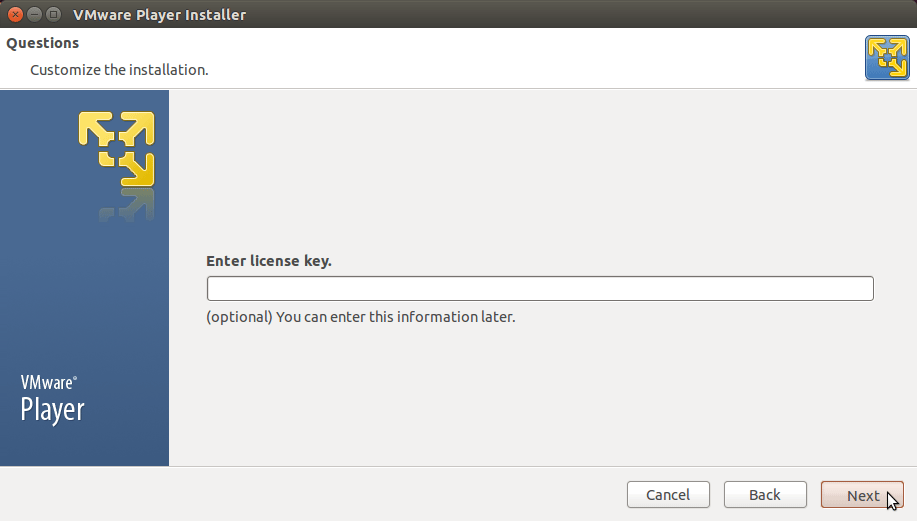 Linux Ubuntu 15.04 Vivid VMware Player 7 Installation - License Key for Player Plus