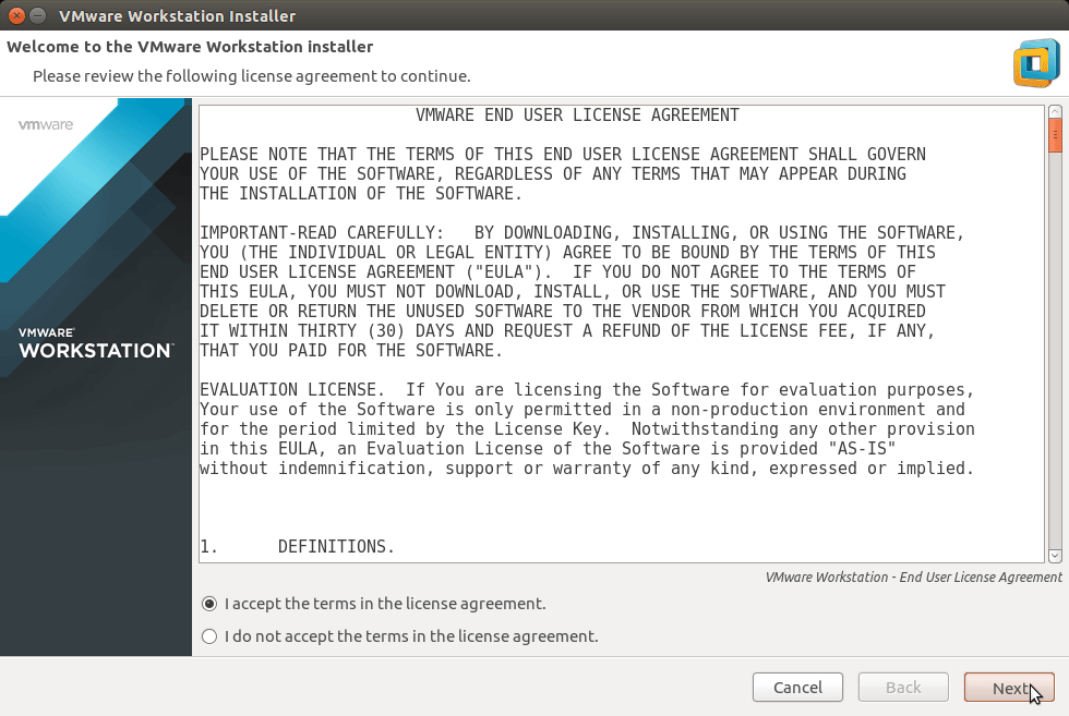 Linux Ubuntu 14.10 Utopic VMware Workstation 11 Installation - Accept Licenses