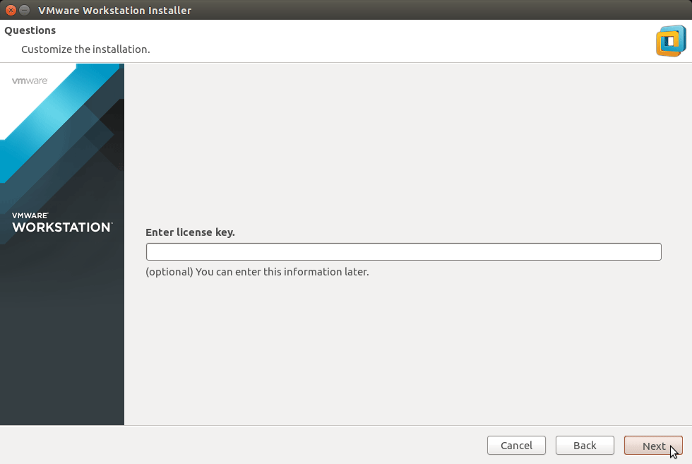 Linux Ubuntu 14.10 Utopic VMware Workstation 11 Installation - Insert License Key