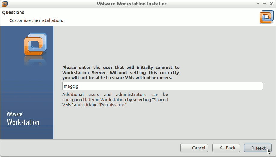 Linux Kubuntu VMware Workstation 10 Installation - Set Administrator