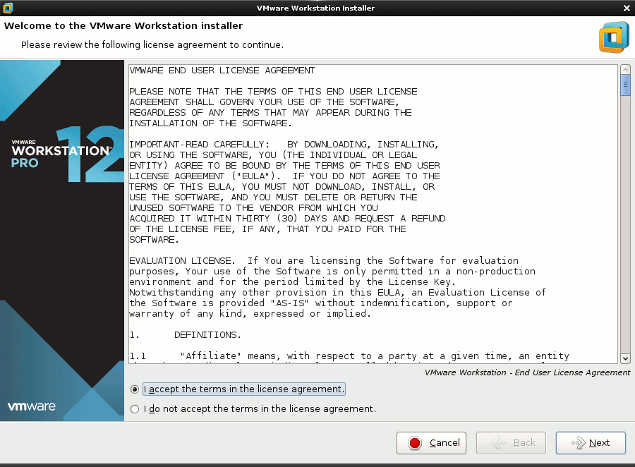 Linux Ubuntu 15.10 Wily VMware Workstation Pro 12 Installation - Accept Licenses