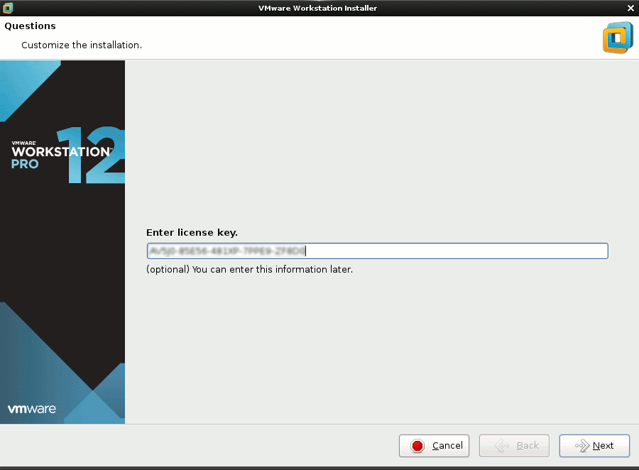 Linux Fedora VMware Workstation Pro 12 Installation - Insert License Key