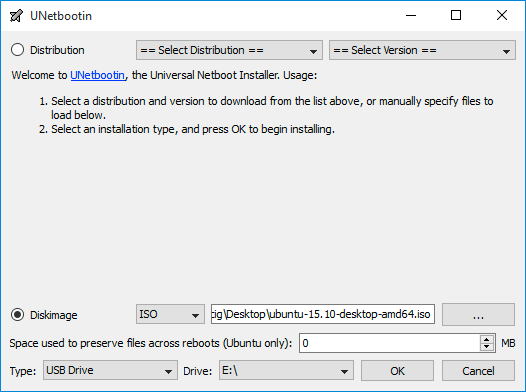 Burning Linux ISO to Bootable USB Stick/Diskon Windows 10 - UNetbootin UI 1