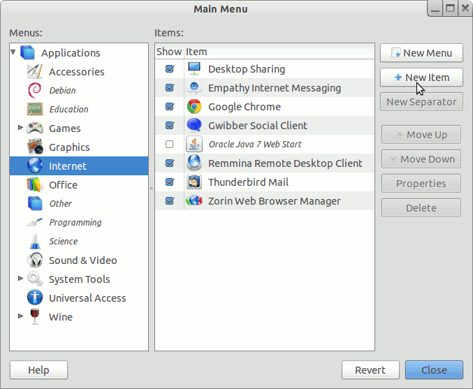 Linux Zorin 6 GNOME Main Menu Add New Item