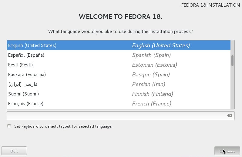 Fedora Linux 18 Installation Choose Language