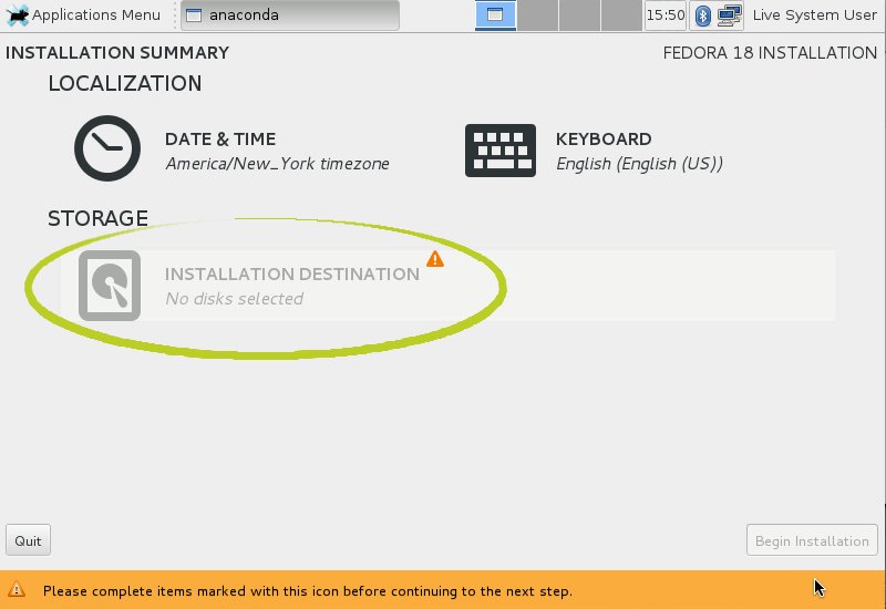 Fedora Linux 18 Set Installation Destination