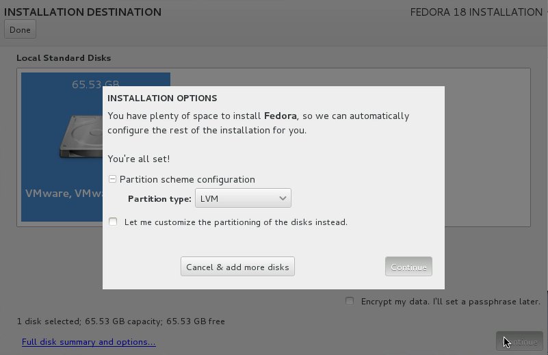 Fedora Linux 18 - Partitioning Options