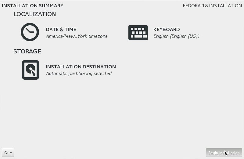 Fedora Linux 18 - Begin Installation