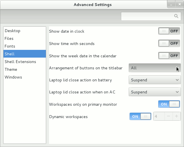Fedora 17 GNOME 3 Advanced Settings - Shell Arrangement of Buttons