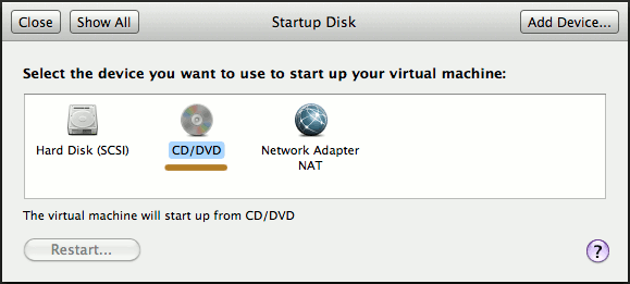 VMWare Fusion Set Startup Disk ad CD/DVD