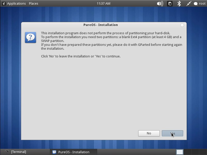 Start Linux PureOS 7.0 GNOME Start Installation SetUp