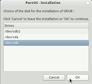 Linux PureOS 7.0 GNOME Installation Set GRUB Partition