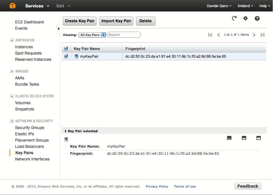 Amazon AWS EC2 Dashboard - New Key Pair