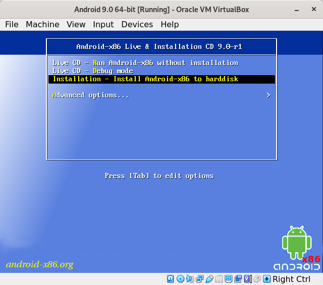 How to Install Android 9.0 VirtualBox Virtual Machine - select install android