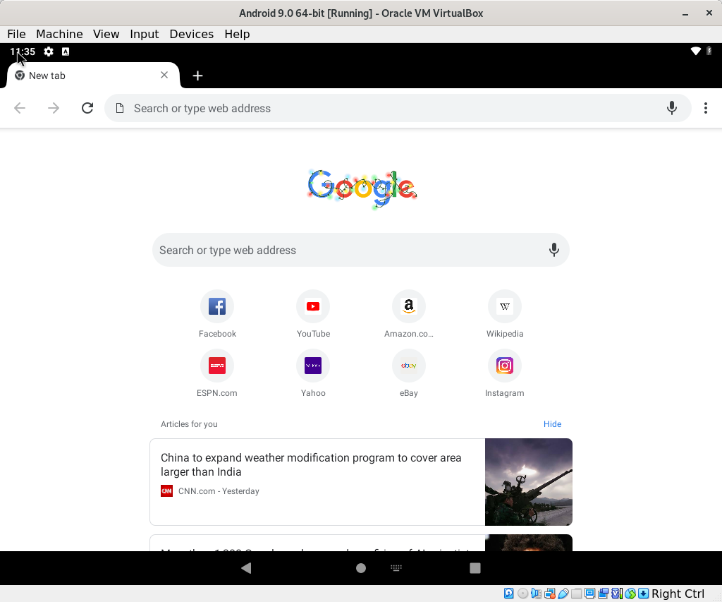 How to Install Android 9.0 VirtualBox Virtual Machine - chrome web browser