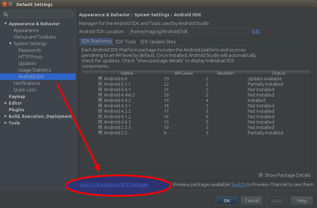 Linux/Unix Updating Android SDK - Launching SDK Manager Standalone