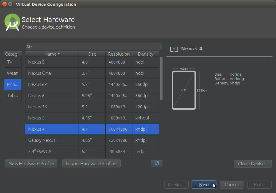 Android AVD Select Android Device Hardware