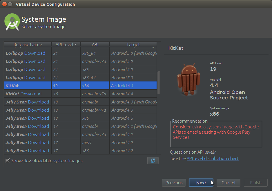 Android Virtual Device Manager choosing Device System Image