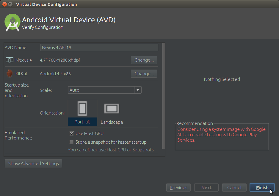 Android AVD Verify Device Configuration before Creation