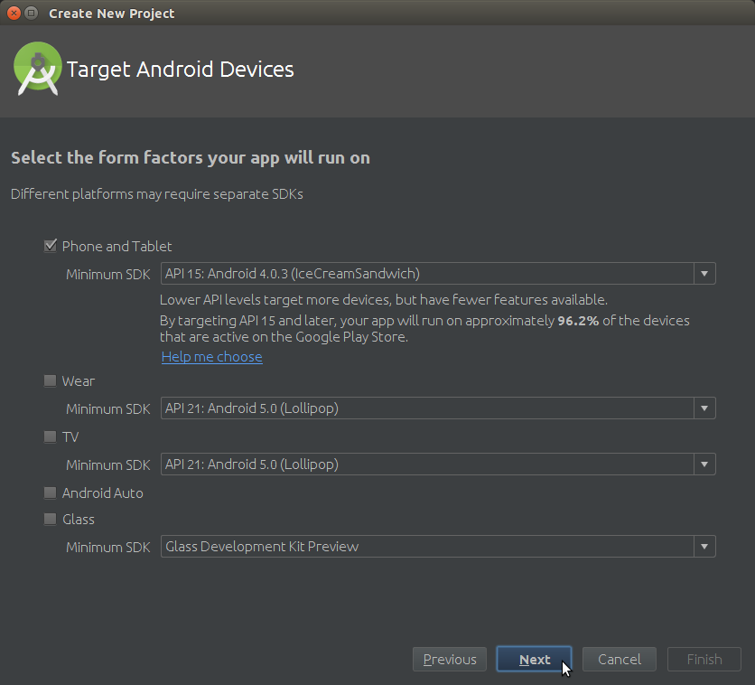 Android Studio How to Create a New Android Project - Select Target Android Device Type and minum Android SDK API