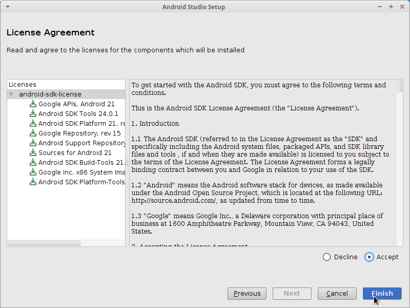 Android Studio IDE Quick Start for Ubuntu - accept licenses