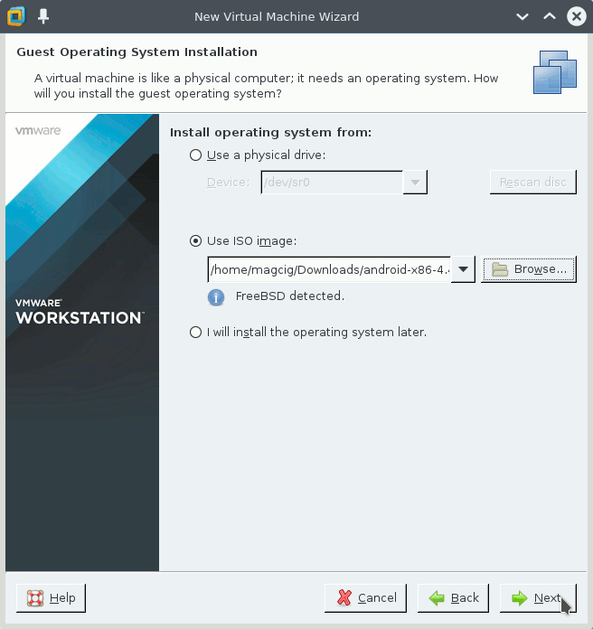 Android Installation on VMware Workstation Linux - loading android x86 iso