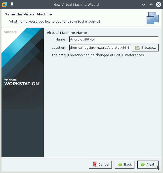 Android Installation on VMware Workstation Linux - vm name